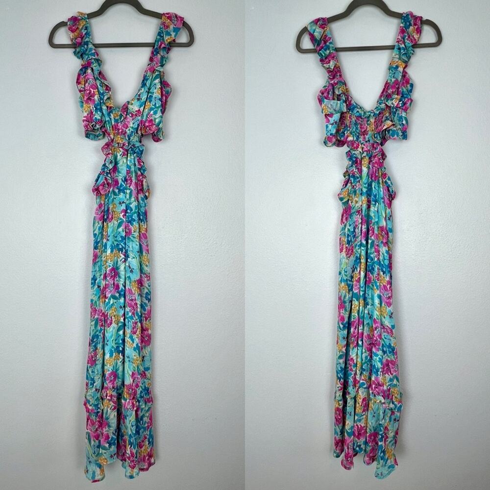 Show Me Your MuMu Floral Midi Dress in Blue, Pink, Green - Picture 3 of 9